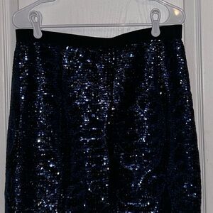 Tory Burch Mini Pencil Skirt Holiday Sequin Blue Black Fall Leaf Pattern Size L